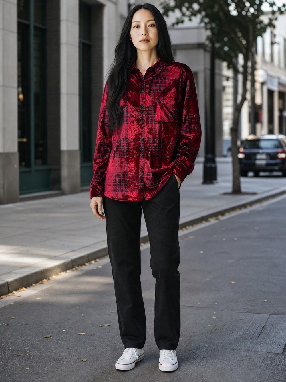 New Belle By Kim Gravel Crushed Velvet Red Plaid Button Down Shirt Size L